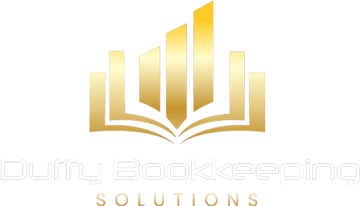 Duffy-Bookkeeping-Solutions-R1-01 Gold logo for "Duffy Bookkeeping Solutions" featuring stylized vertical bars above an open book graphic, with the company name and "SOLUTIONS" written below.